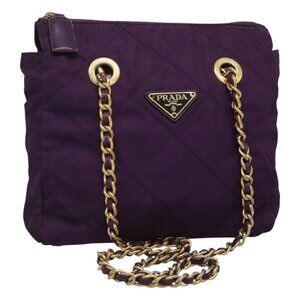 Authentic PRADA Quilted Chain Shoulder Bag Nylon Purple Gold